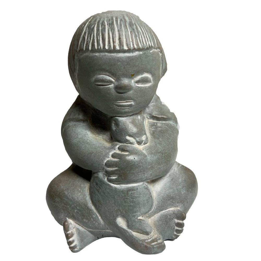 VTG Isabel Bloom Concrete Girl with Cat Sculpture‎ 6" Retired Handmade Iowa USA